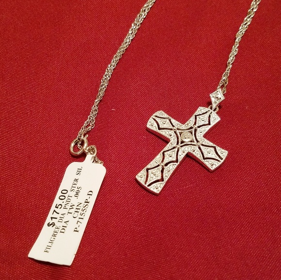 Cross diamond filigree necklace 925 SS - Picture 2 of 7